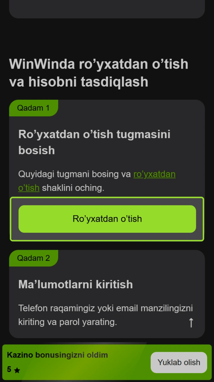 WinWin platformasida bir marta bosish orqali ro'yxatdan o'ting va mukofotlarga ega bo'ling.