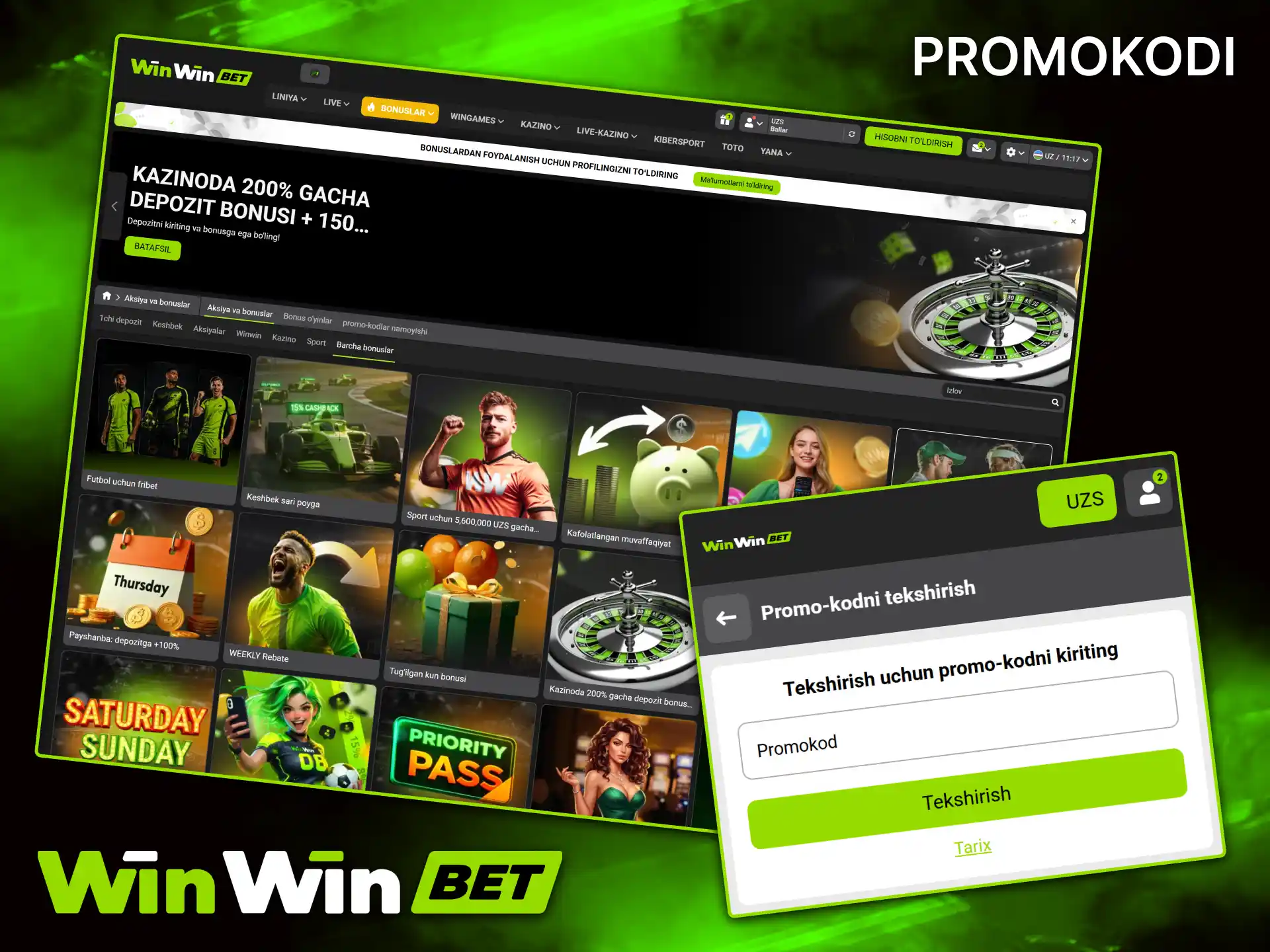 WinWin veb-saytiga eksklyuziv promo-kodlarni kiriting va maxsus o'yin bonuslarini yutib oling.