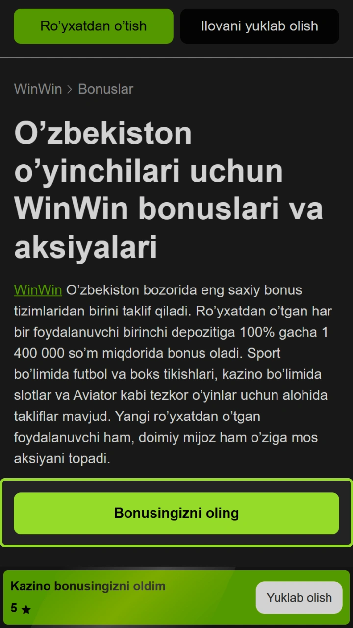 WinWin Casino-da Bonus olish tugmasini bosing va hozir katta o'yinga qo'shiling.