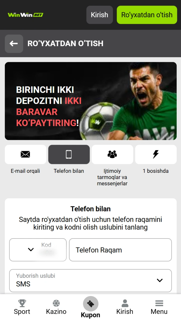 WinWin ilovasi orqali ro'yxatdan o'ting va jonli dilerlar bilan o'ynashni boshlang.