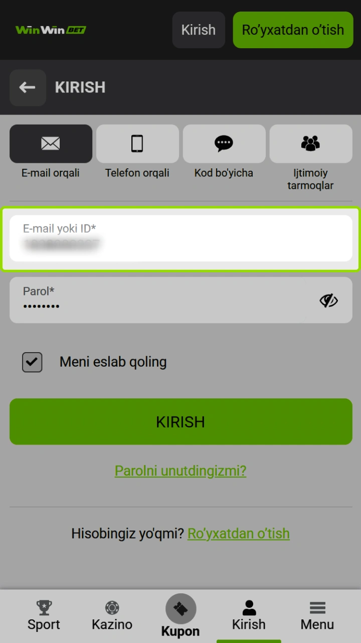 Elektron pochta manzilingizni yoki WinWin platformasi identifikatorini kiriting va darhol o'yinga qo'shiling.