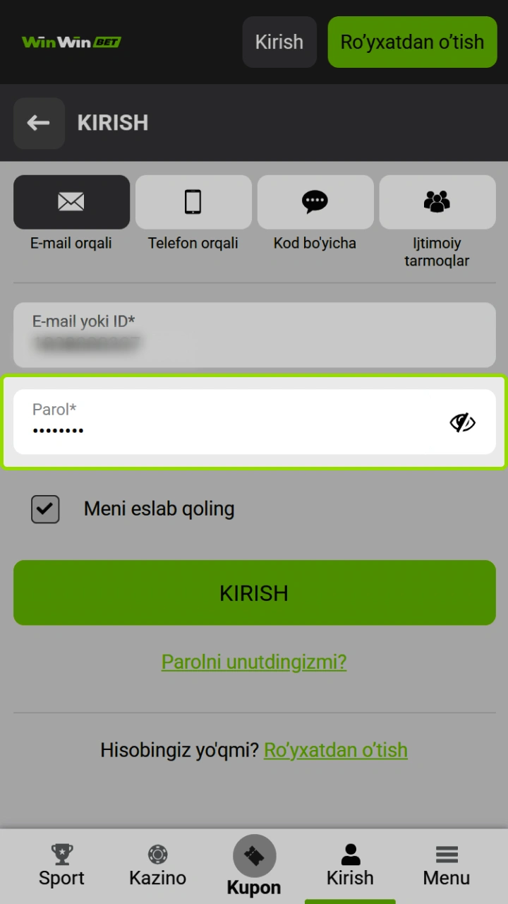 WinWin platformasida parolingizni kiriting va sevimli o'yinlaringizda yutib olishni boshlang.