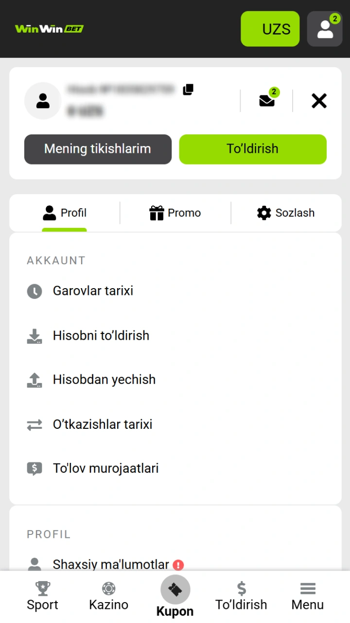 WinWin platformasidagi shaxsiy hisobingiz orqali balansingizni va garovlar tarixini tekshiring.