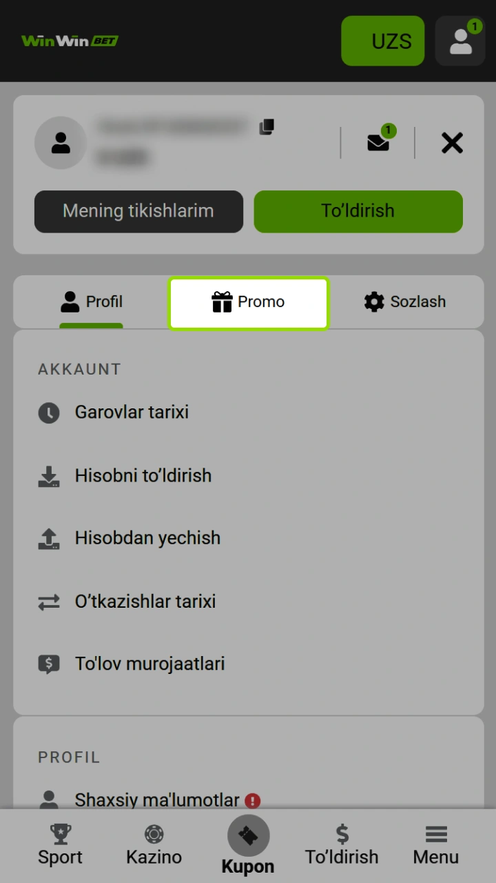 WinWin veb-sayt menyusidagi "Aktsiyalar" bo'limiga o'ting va bonus kodlarini faollashtiring.