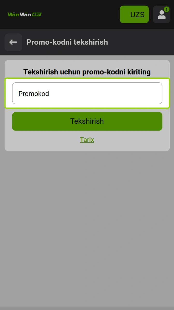 WinWin promo-kodini tasdiqlash maydoniga kodingizni kiriting va o'ynang.
