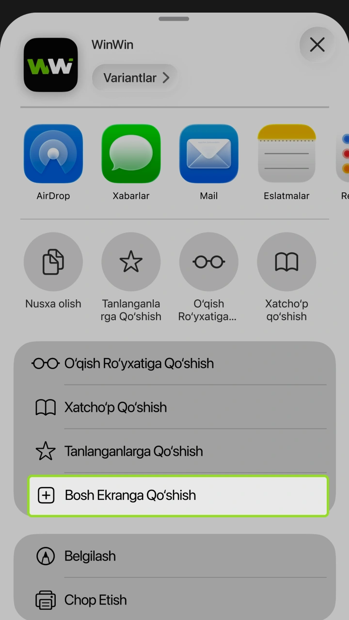 WinWin ilovasini bosh ekraningizga qo'shing va o'yinlaringizga tezkor kirish imkoniyatiga ega bo'ling.