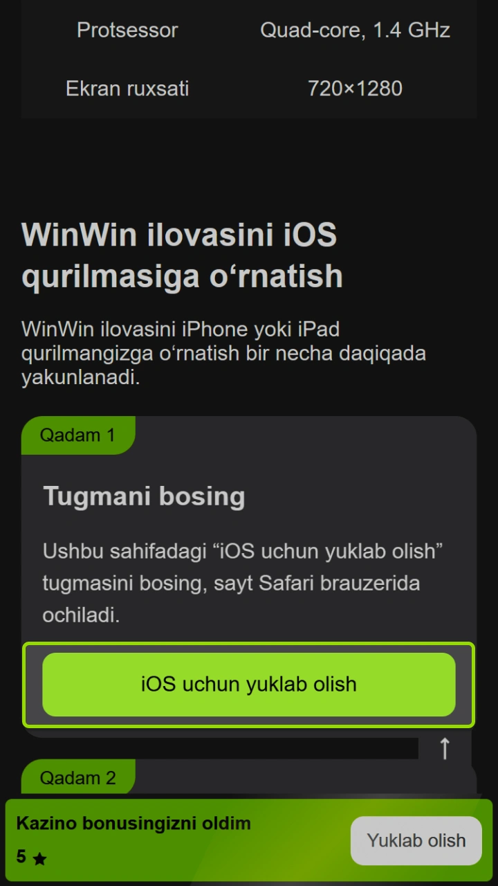 iPhone telefoningizga WinWin ilovasini yuklab olish va yutib olishni boshlash uchun tugmani bosing.