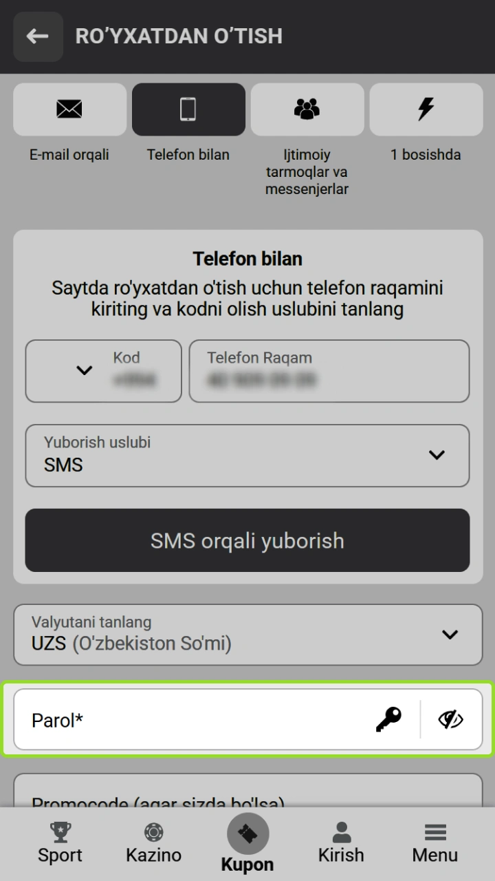 WinWin veb-saytida ro'yxatdan o'tish uchun kuchli parol yarating va o'yinda omadingizni sinab ko'ring.
