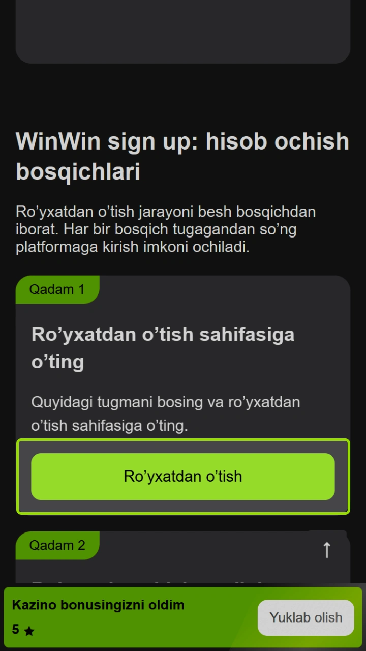WinWin ro'yxatdan o'tish tugmasini bosing va tezda o'yinlarga qo'shiling.