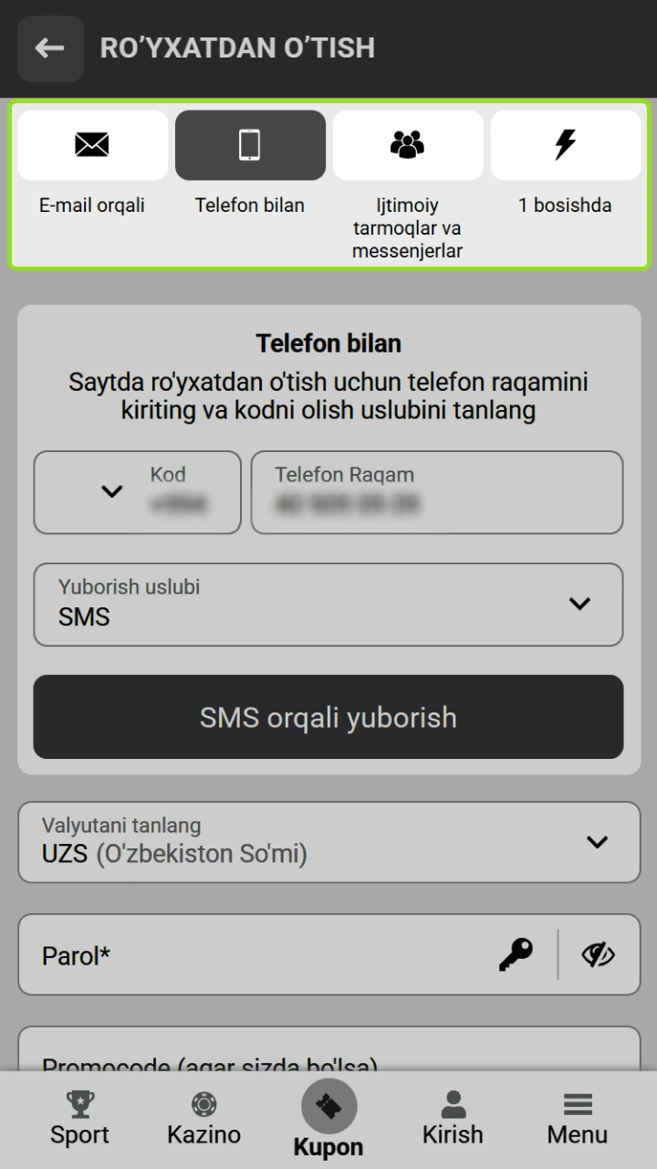 WinWin ilovasida qulay ro'yxatdan o'tish usulini tanlang va yutib olishni boshlang.