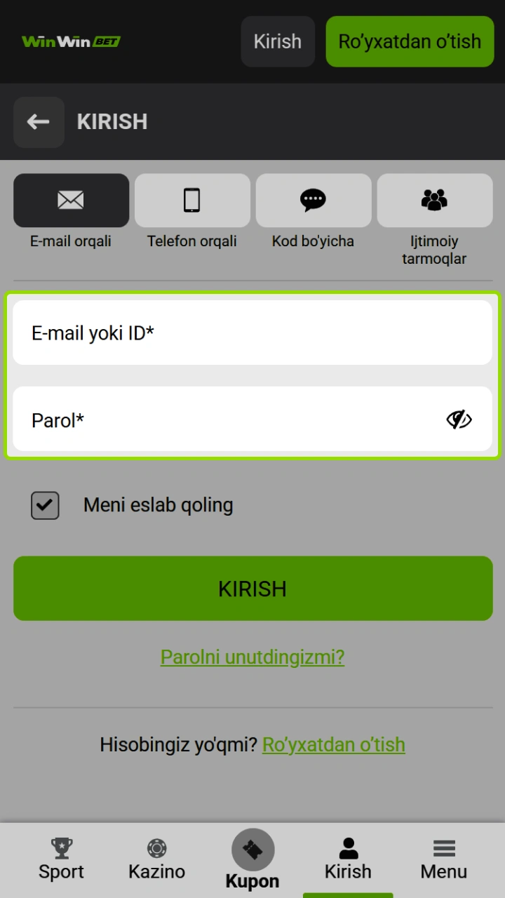 Rasmiy WinWin veb-saytiga elektron pochta manzilingizni kiriting va shaxsiy hisobingizdan foydalanib yutib oling.