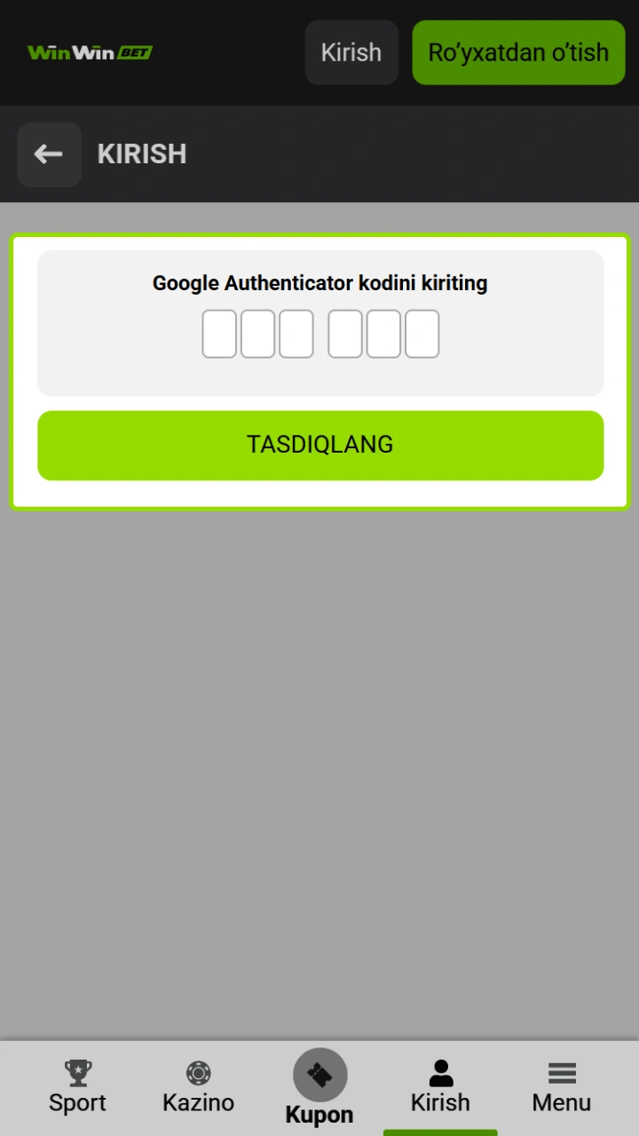 Tasdiqlash kodini maxsus WinWin formasiga kiriting va xavfsiz o'yinlardan zavqlaning.